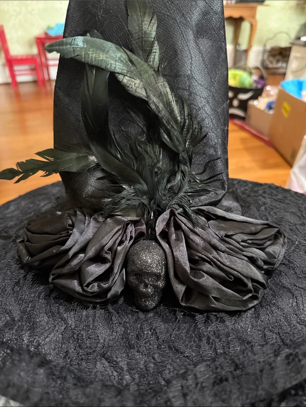 Black Lace Witch Hat with Feather Trim -